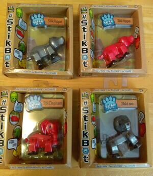 Lot of 4 Zing Safari Pets Stikbots Toys Red Elephant Gray Lion, 2 Red Gray Hippo